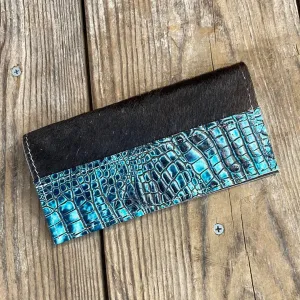 080 Checkbook Cover - Black w/ Aqua Croc