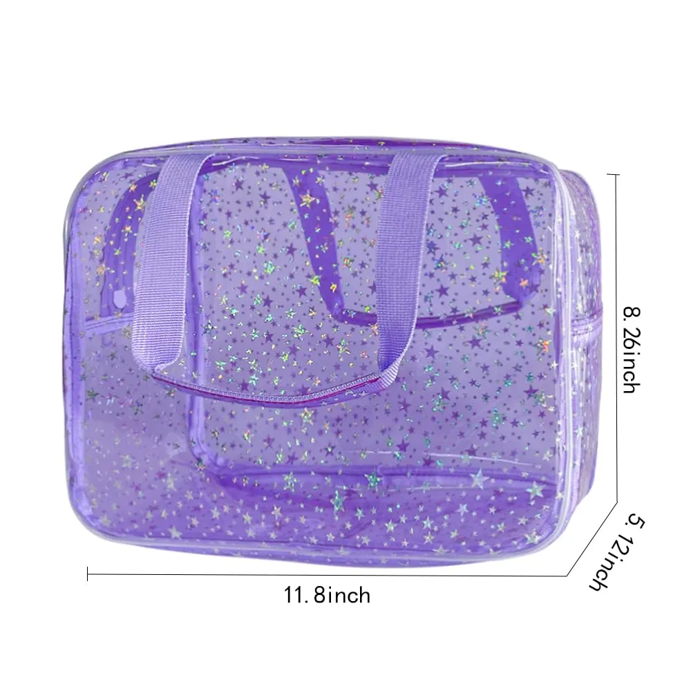 12”X5“X8” Portable 8L Purple Clear Makeup Bag Twinkle Star Toiletry Bag Waterproof Cosmetic Bag With Zipper & Handle for Concert Sports Events Travel Commuting Beach Essential