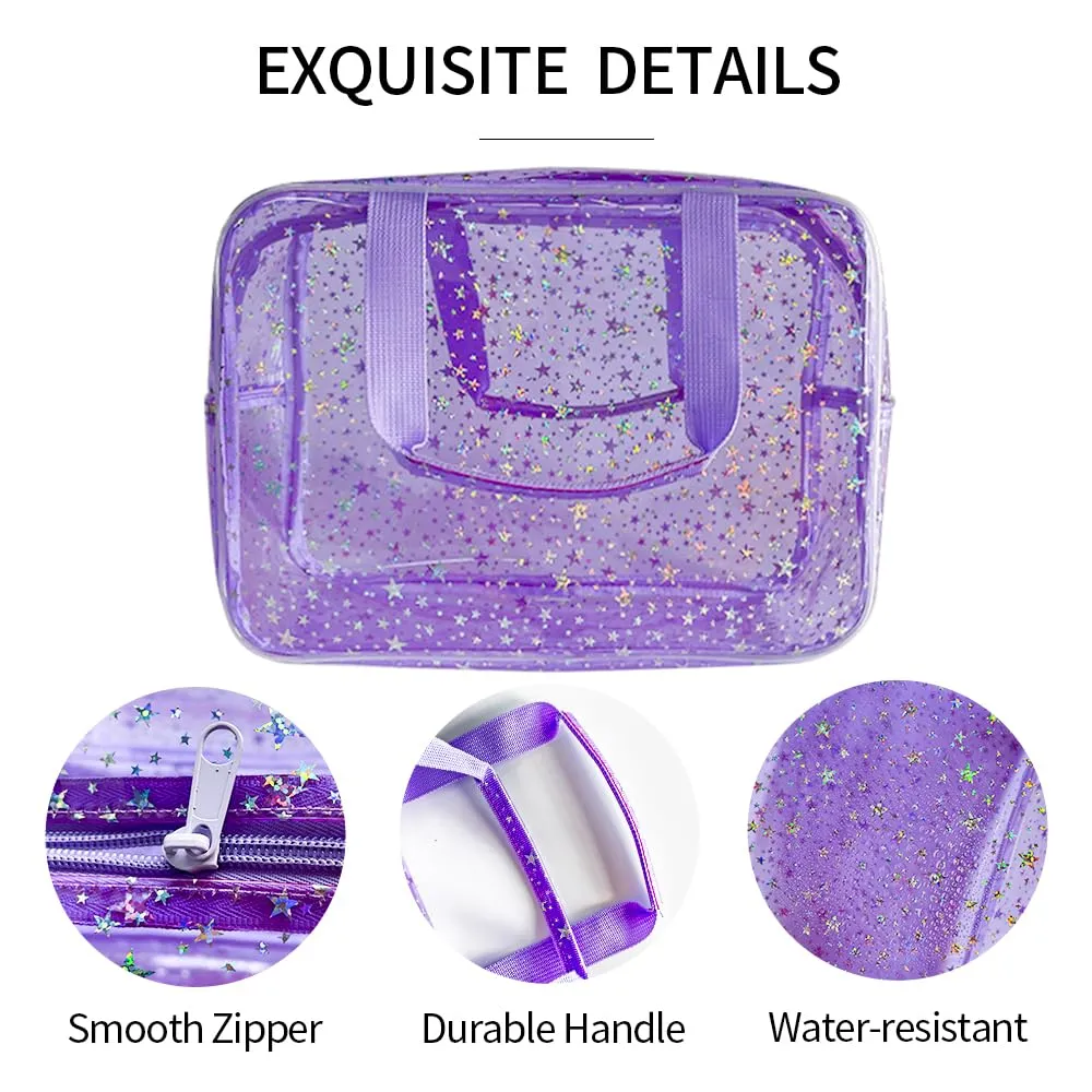 12”X5“X8” Portable 8L Purple Clear Makeup Bag Twinkle Star Toiletry Bag Waterproof Cosmetic Bag With Zipper & Handle for Concert Sports Events Travel Commuting Beach Essential
