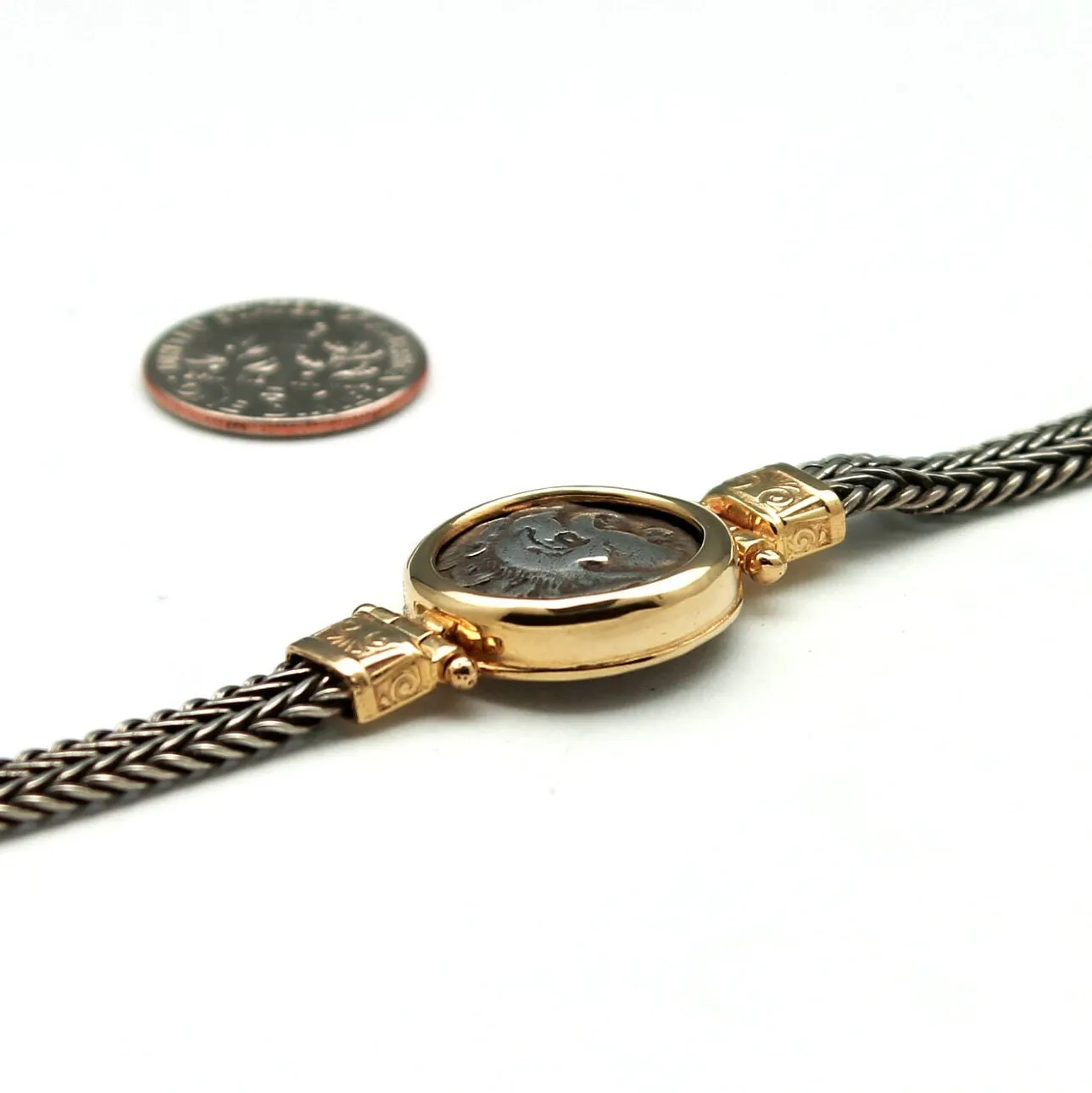 14K Gold and Sterling Silver Bracelet, Alexander the Great, Ancient Greek Coin, ID11545