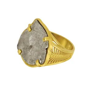 14k Yellow Gold 1 Reale 1700's Spanish Silver Fleet Coin Chevron Ring, Size 9