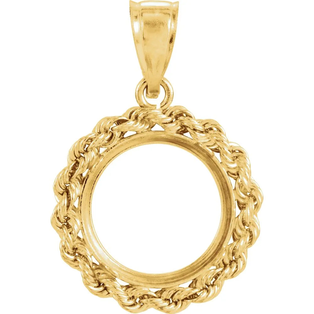 14k Yellow Gold 2.5mm Solid Rope Tab Back Frame Pendant for U.S. $1.00 Type 1 or Mexican 2 Peso Coin