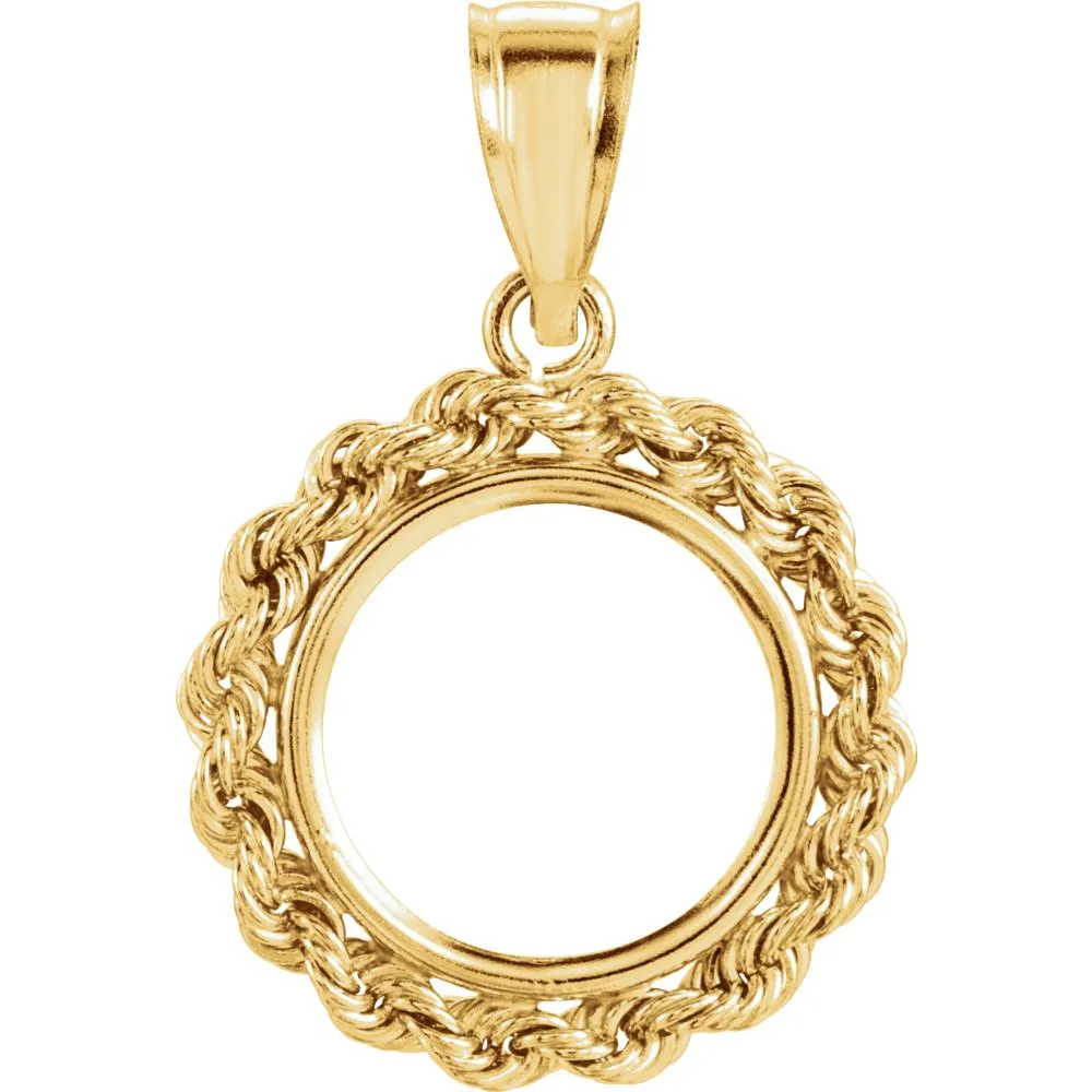 14k Yellow Gold 2.5mm Solid Rope Tab Back Frame Pendant for U.S. $1.00 Type 1 or Mexican 2 Peso Coin