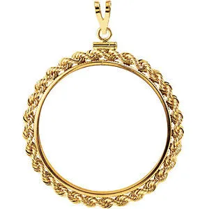 14k Yellow Gold 32.7x2.7mm Screw Top Rope Coin Frame Pendant for 1 Ounce American Eagle or South African Rand (Krugerrand) Coin