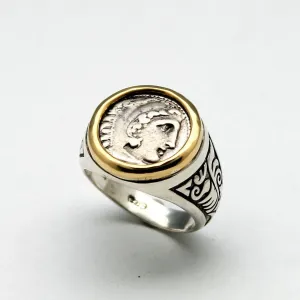 18K Gold Bezel, Sterling Silver Engraved Ring, Alexander the Great, Ancient Drachm Coin, ID13725
