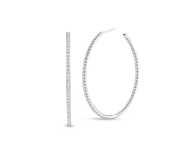 18K WHITE GOLD EXTRA LARGE INSIDE OUTSIDE OPEN DIAMOND HOOP EARRINGS