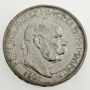 1907 Hungary 5 Korona Silver Coin Restrike 40th Anniversary AU Condition