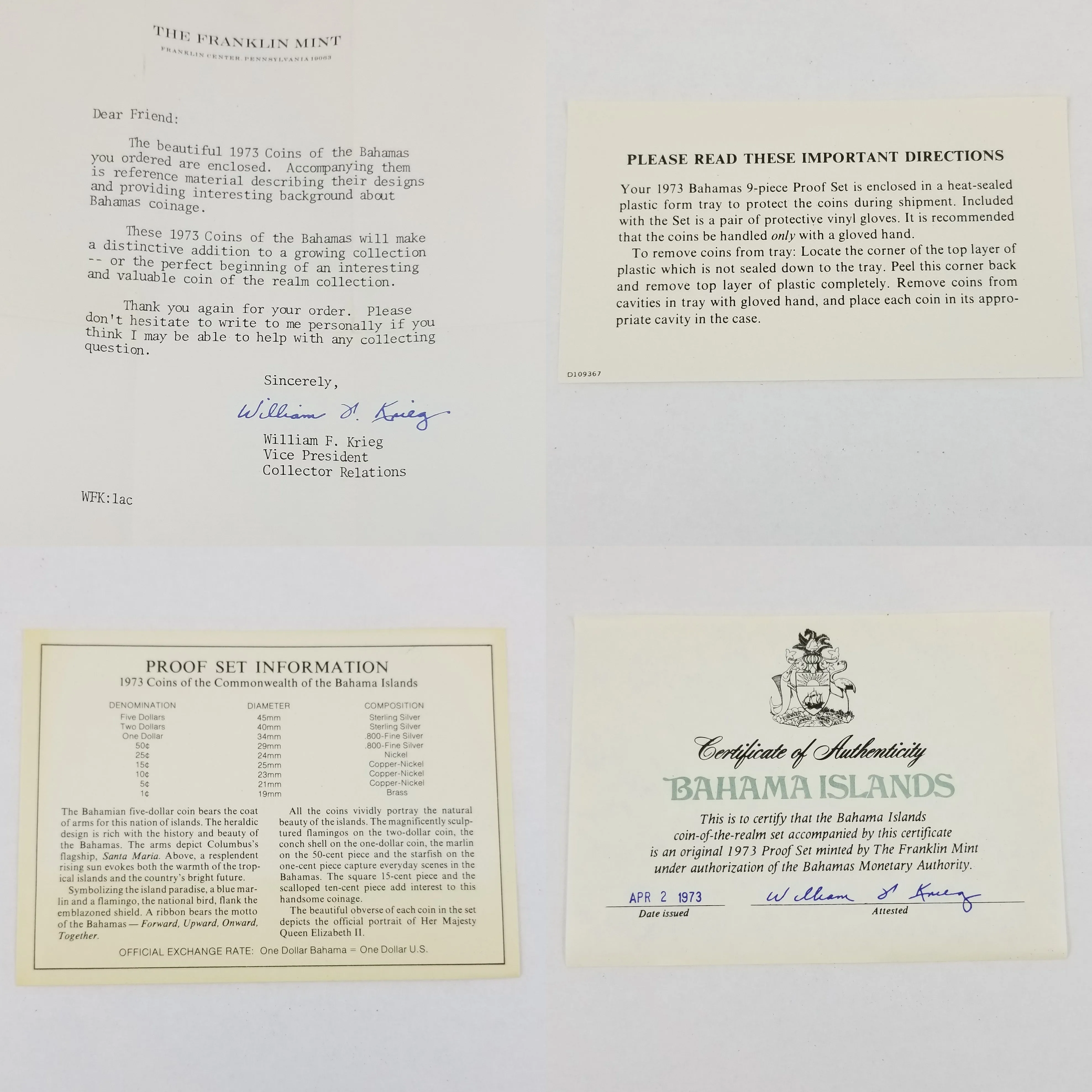 1973 Commonwealth of the Bahamas 9 Coin Proof Set Box Sleeve COA