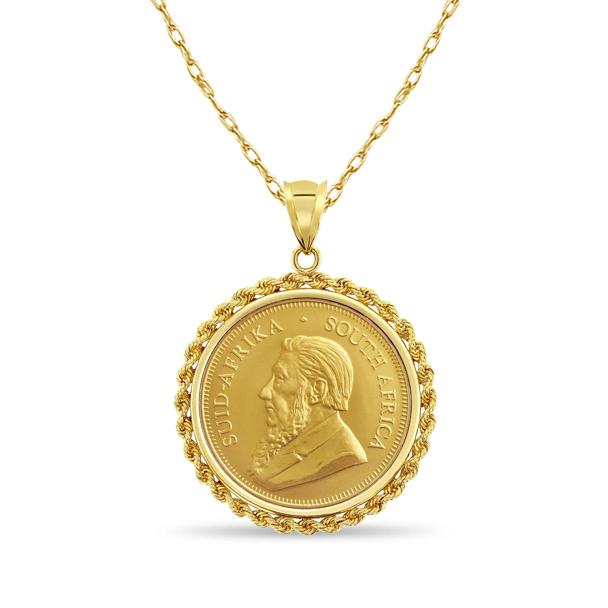1OZ Fine Gold South African Krugerrand Coin Necklace with Rope Bezel