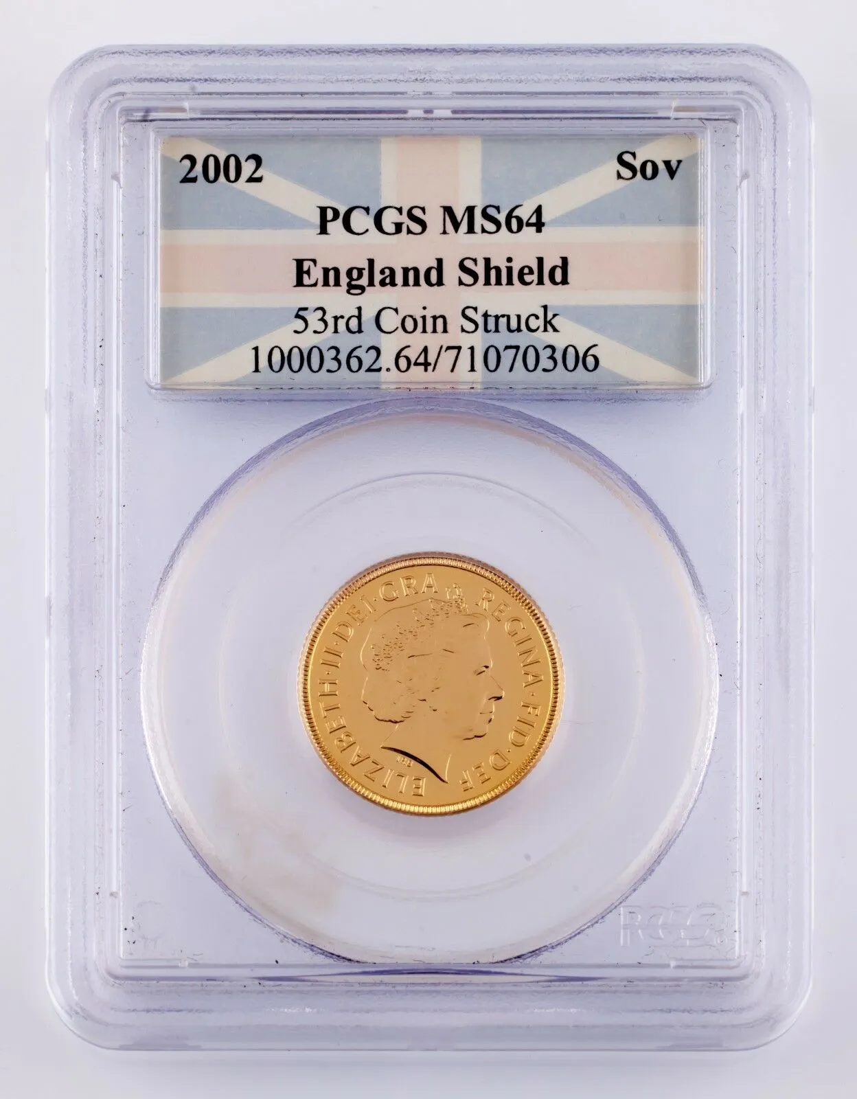 2002 England Shield Gold Sovereign Graded by PCGS as MS-64 (53rd Coin Struck)