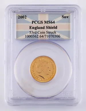 2002 England Shield Gold Sovereign Graded by PCGS as MS-64 (53rd Coin Struck)