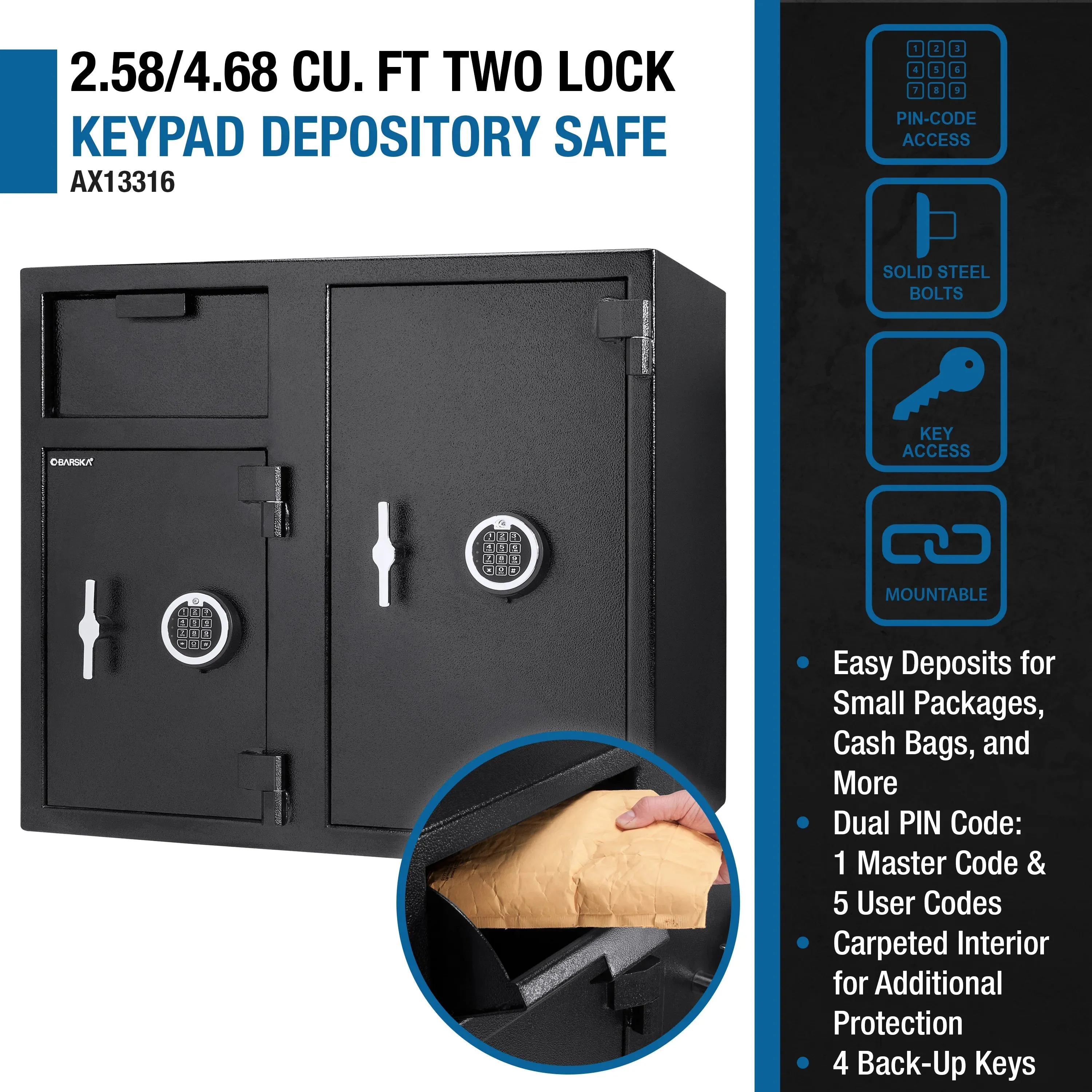 2.58/4.68 Cu. ft Dual Compartment Keypad Depository Safe | AX13316