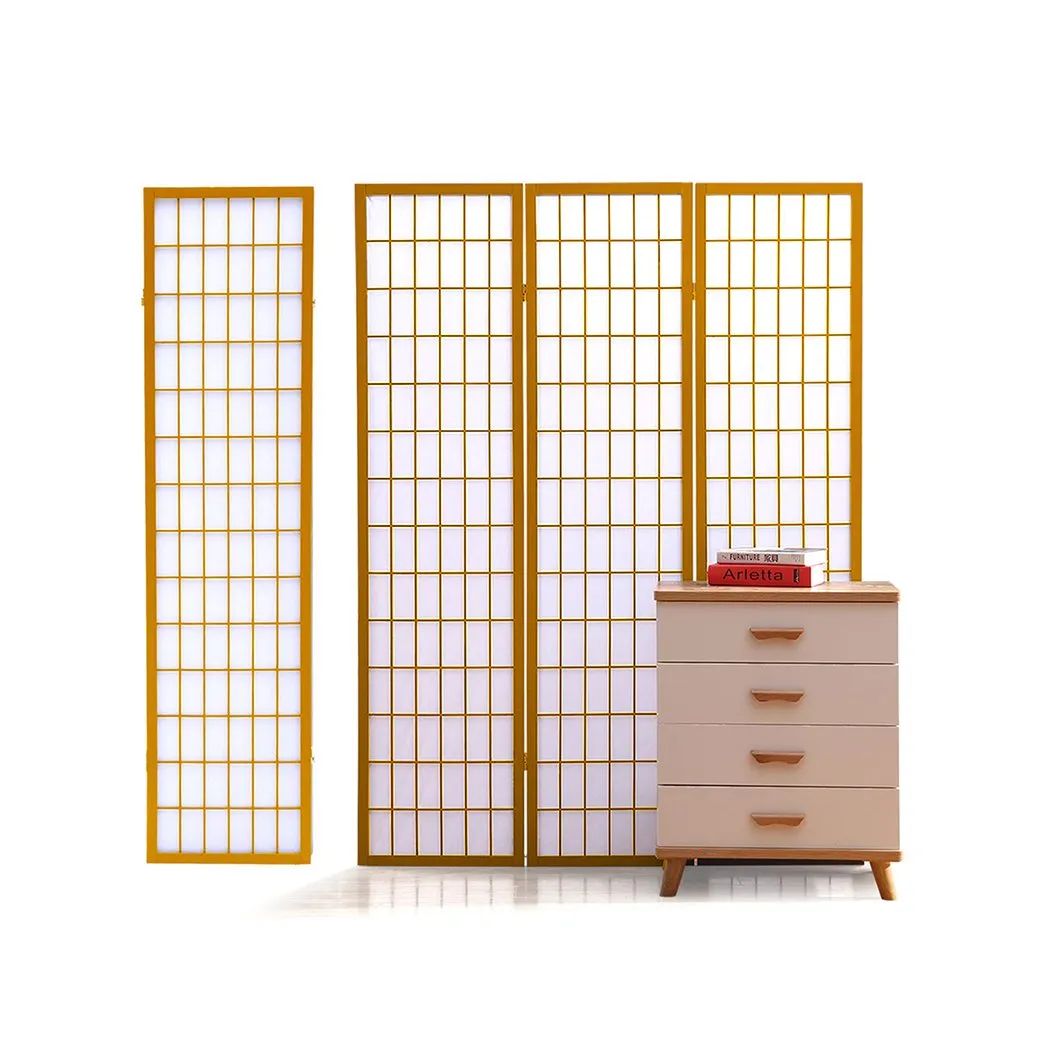 4 Panel Free Standing Foldable  Room Divider Privacy Screen Wood Frame