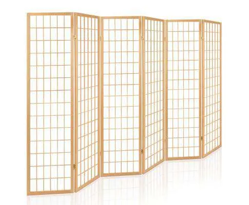 6 Panel Room Divider Privacy Screen Foldable Pine Wood Stand - Natural