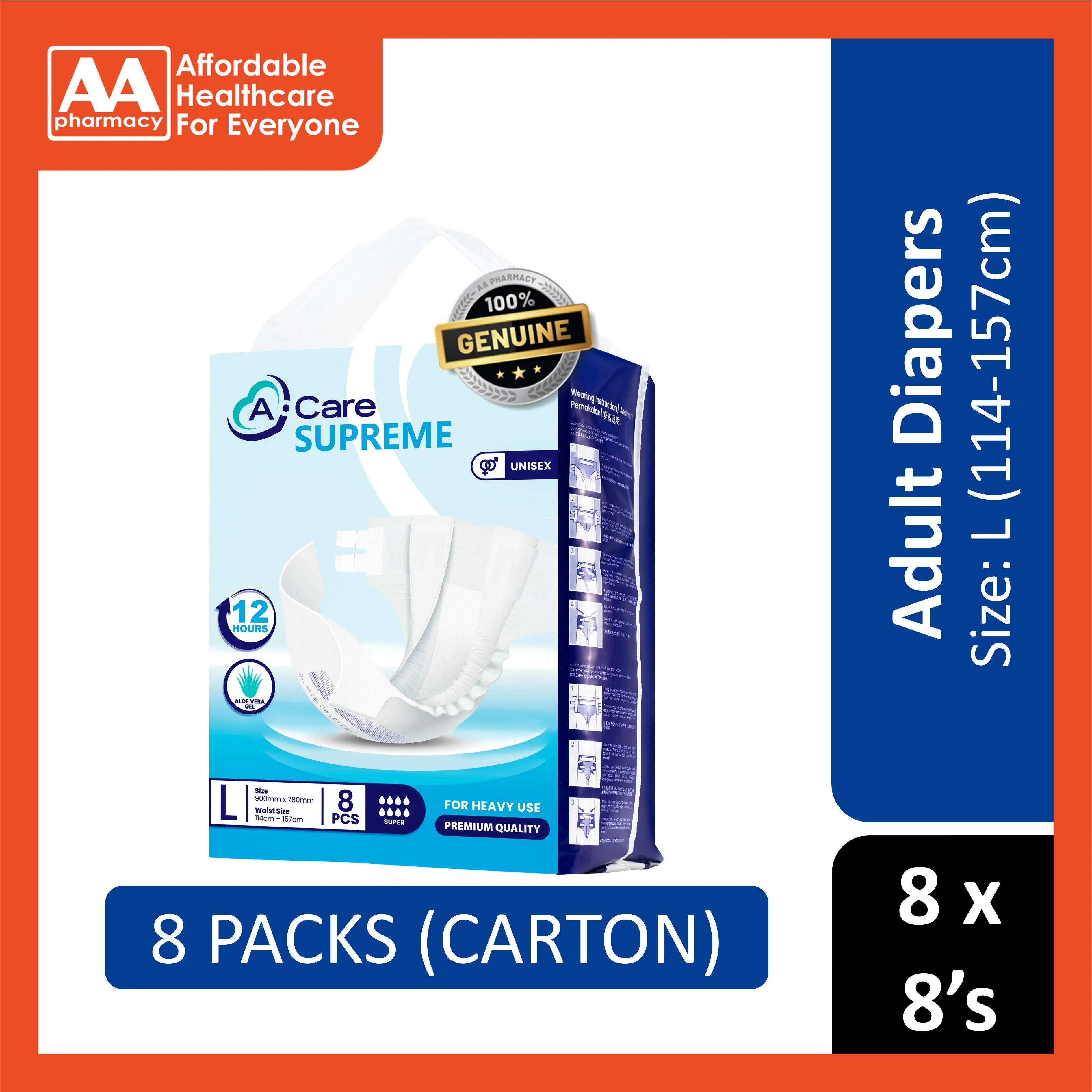 A-Care Supreme Adult Diapers Size L 8's (114-157cm) [8 Packs/Carton]