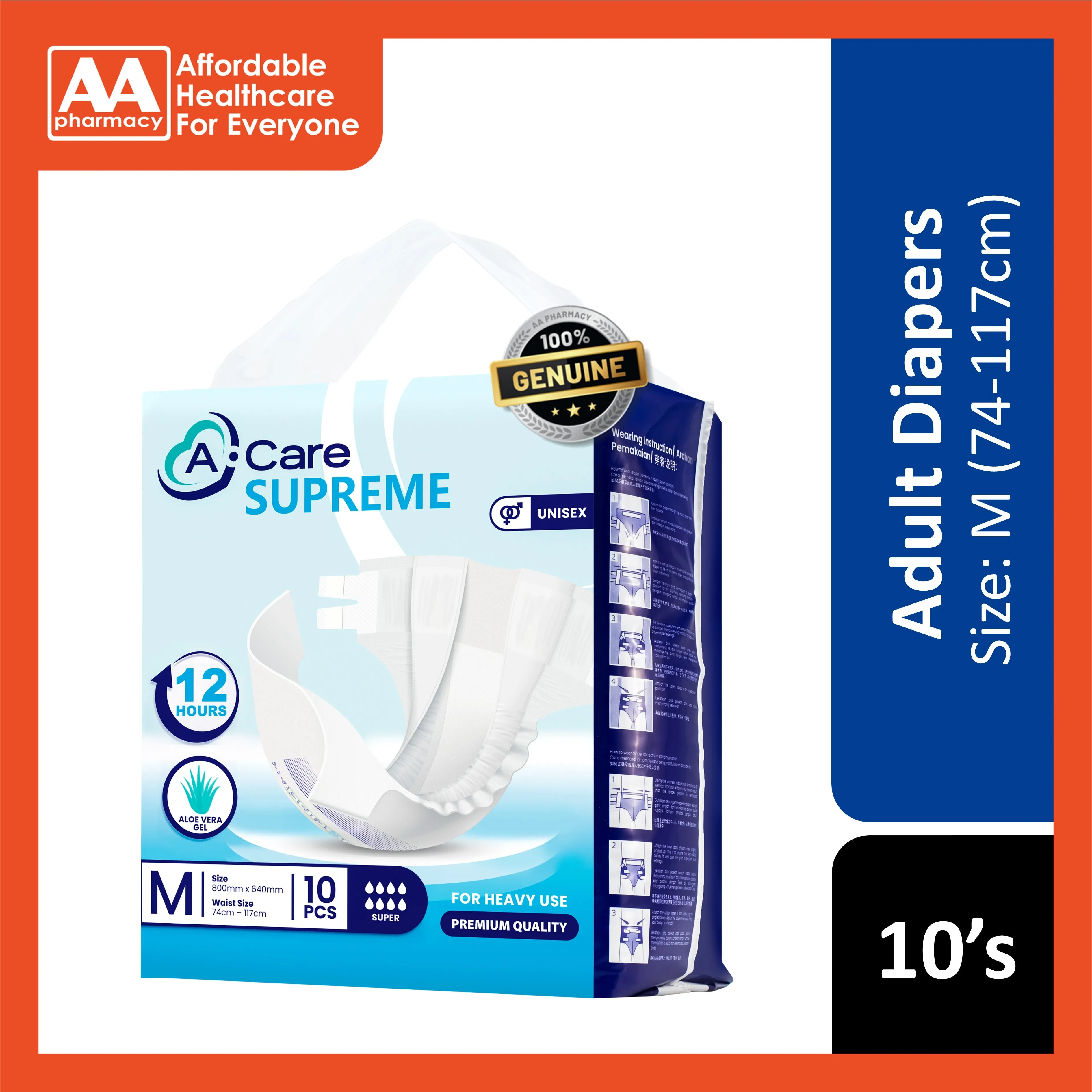 A-Care Supreme Adult Diapers Size M 10's (74-117cm)