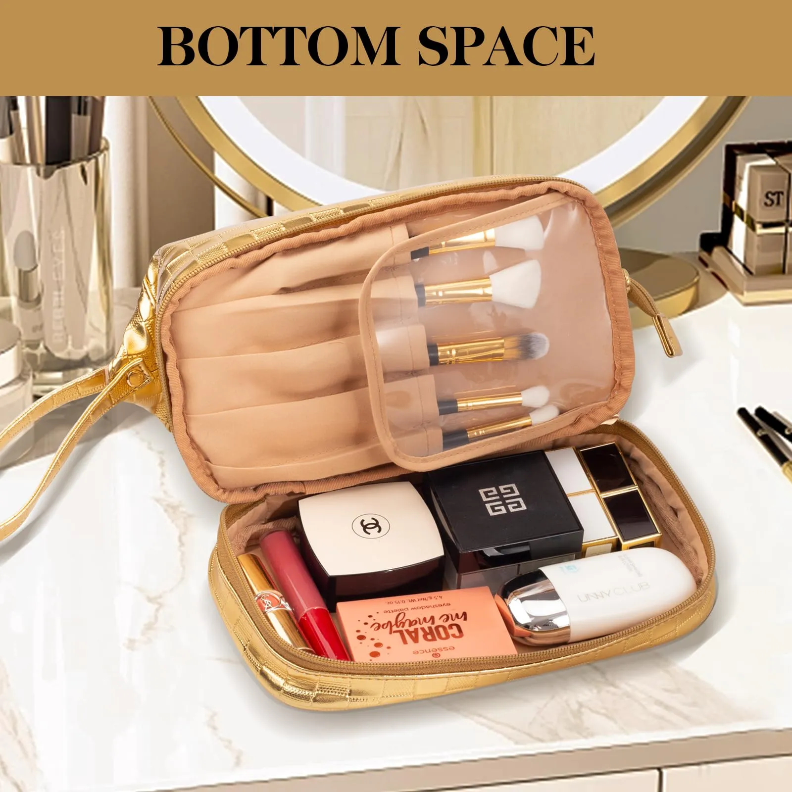 Abiudeng Large Makeup Bag for Women,Travel Makeup Organizer with Brush Holder, Dopp Kit Essentials,Waterproof Checkered Cosmetic Bag for Traveling,Multi Compartment,Cute,Spacious Capacity-golden