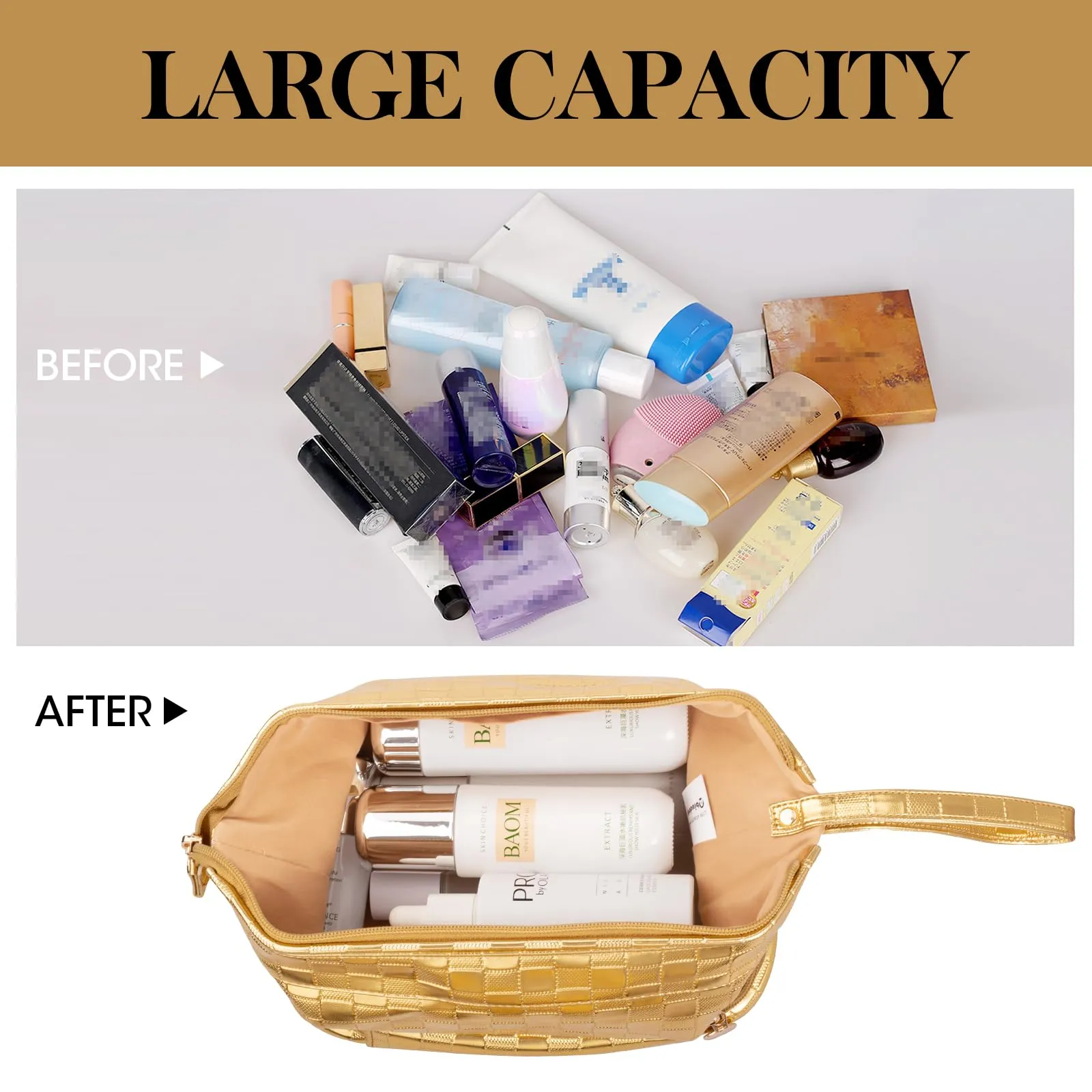Abiudeng Large Makeup Bag for Women,Travel Makeup Organizer with Brush Holder, Dopp Kit Essentials,Waterproof Checkered Cosmetic Bag for Traveling,Multi Compartment,Cute,Spacious Capacity-golden