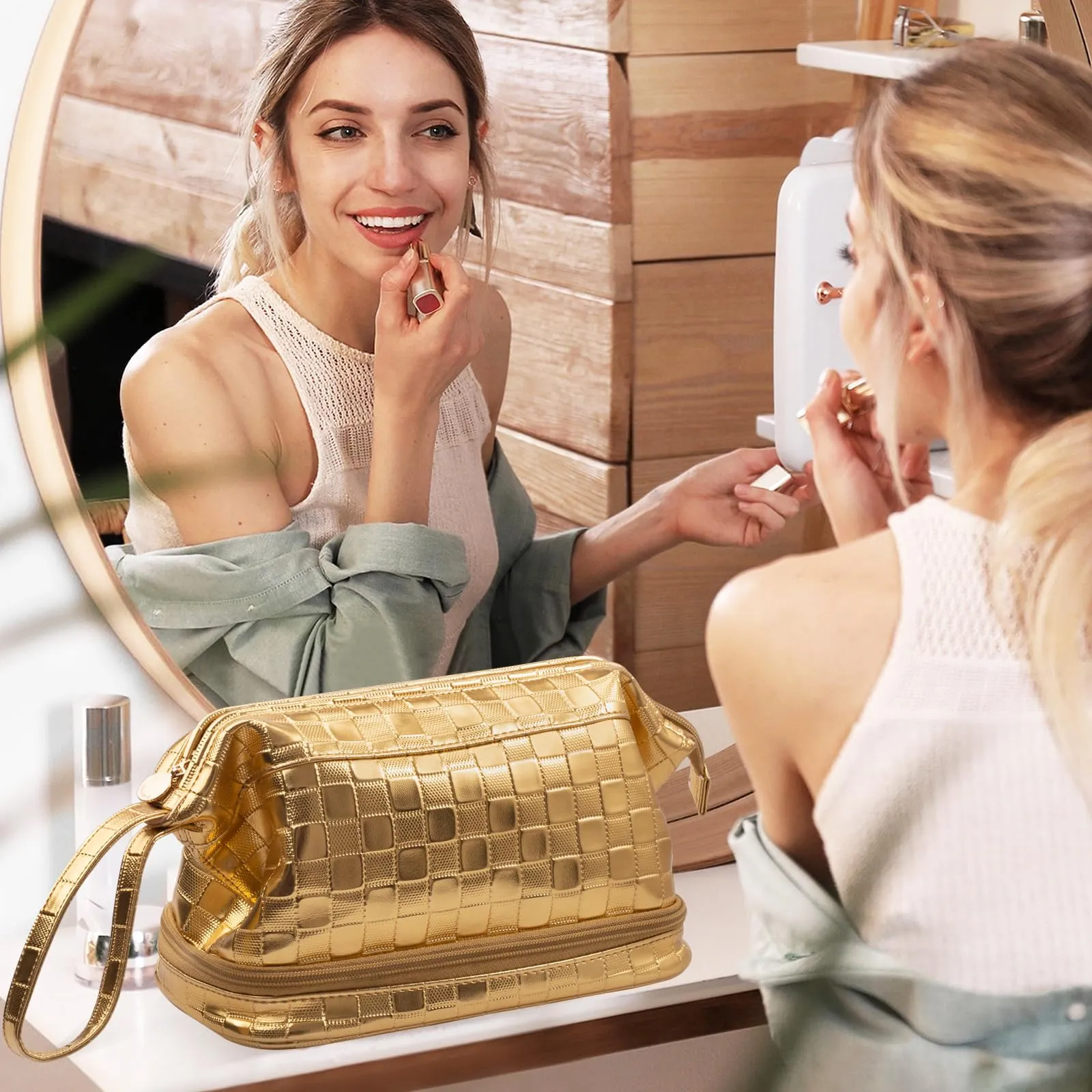 Abiudeng Large Makeup Bag for Women,Travel Makeup Organizer with Brush Holder, Dopp Kit Essentials,Waterproof Checkered Cosmetic Bag for Traveling,Multi Compartment,Cute,Spacious Capacity-golden