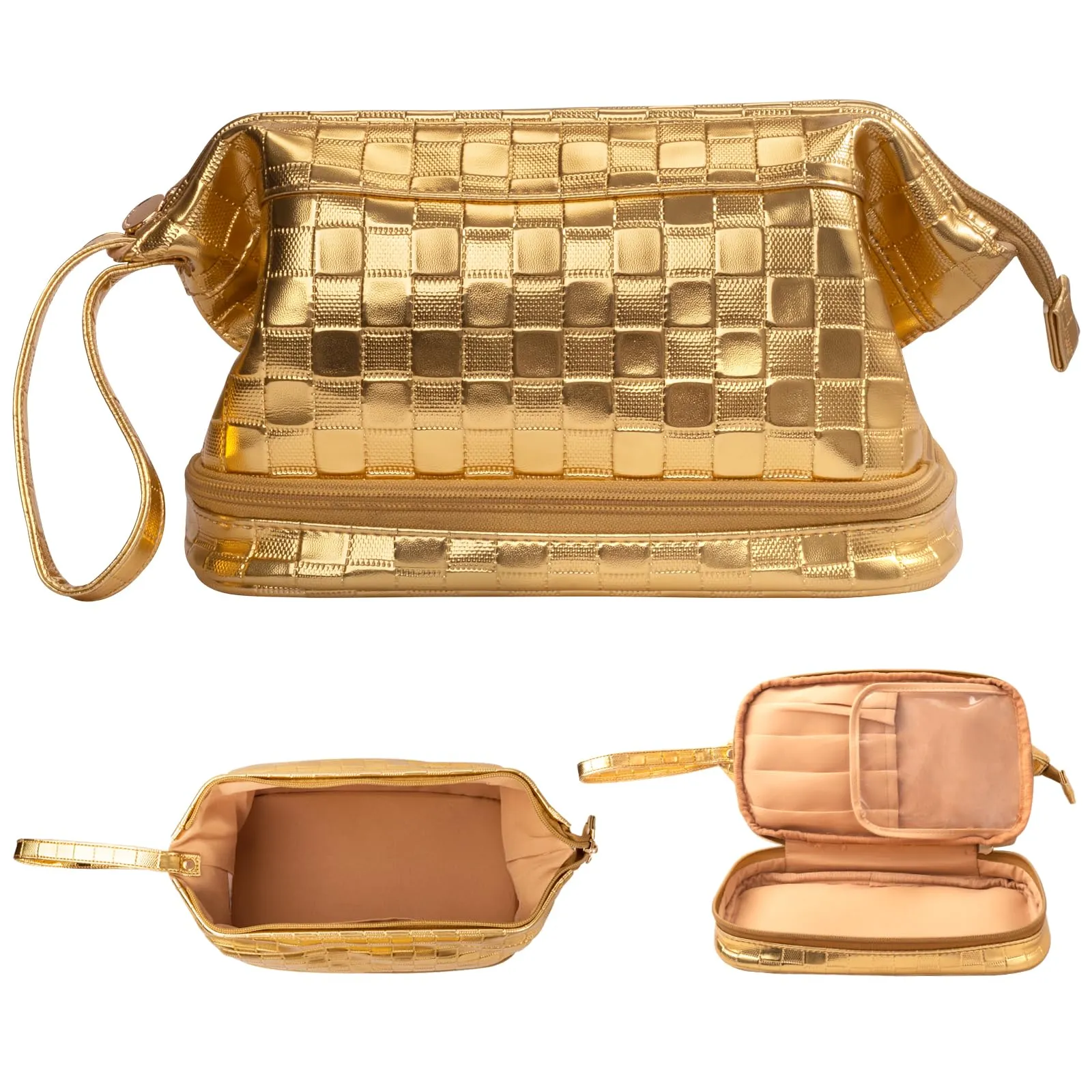 Abiudeng Large Makeup Bag for Women,Travel Makeup Organizer with Brush Holder, Dopp Kit Essentials,Waterproof Checkered Cosmetic Bag for Traveling,Multi Compartment,Cute,Spacious Capacity-golden
