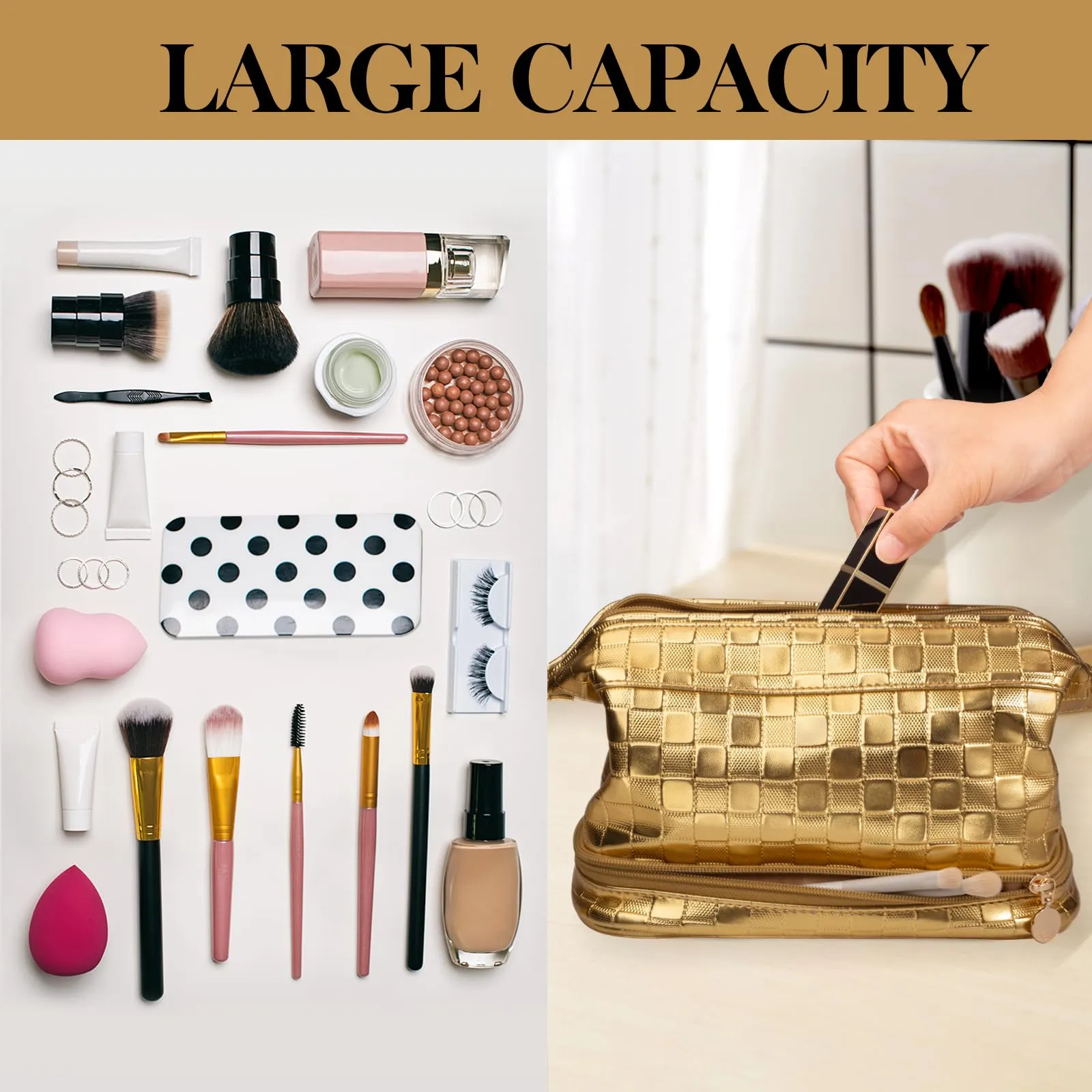 Abiudeng Large Makeup Bag for Women,Travel Makeup Organizer with Brush Holder, Dopp Kit Essentials,Waterproof Checkered Cosmetic Bag for Traveling,Multi Compartment,Cute,Spacious Capacity-golden