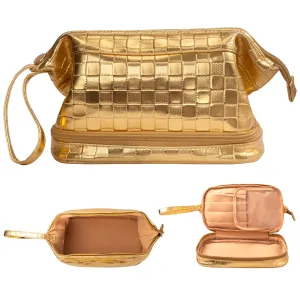 Abiudeng Large Makeup Bag for Women,Travel Makeup Organizer with Brush Holder, Dopp Kit Essentials,Waterproof Checkered Cosmetic Bag for Traveling,Multi Compartment,Cute,Spacious Capacity-golden