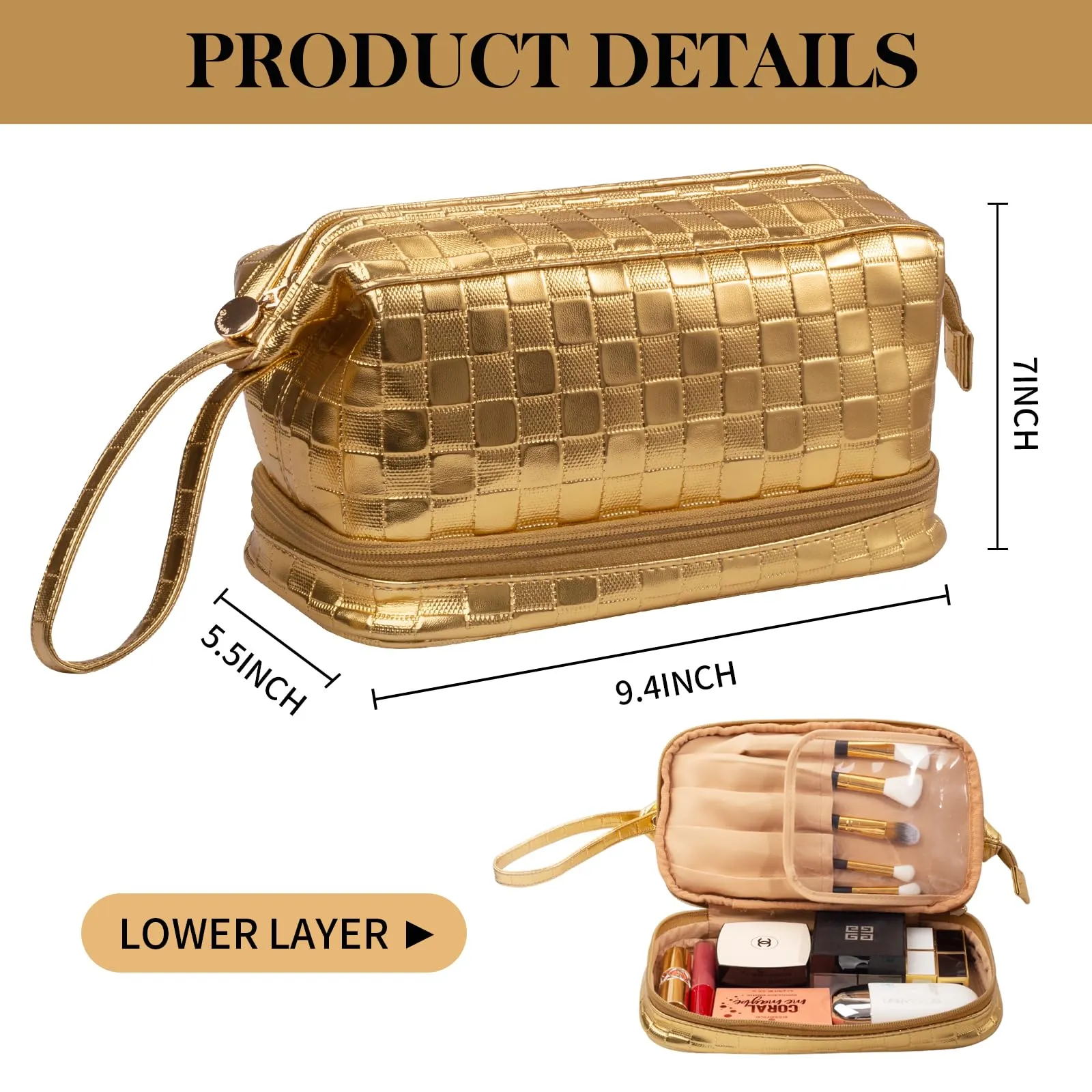 Abiudeng Large Makeup Bag for Women,Travel Makeup Organizer with Brush Holder, Dopp Kit Essentials,Waterproof Checkered Cosmetic Bag for Traveling,Multi Compartment,Cute,Spacious Capacity-golden