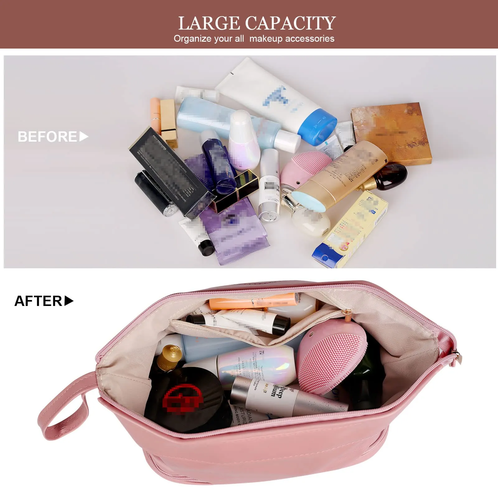Abiudeng Large Makeup Bag for Women,Travel Makeup Organizer with Brush Holder, Dopp Kit Essentials,Waterproof PU Cosmetic Bag for Traveling,Multi Compartment, Cute,Spacious Capacity-pink