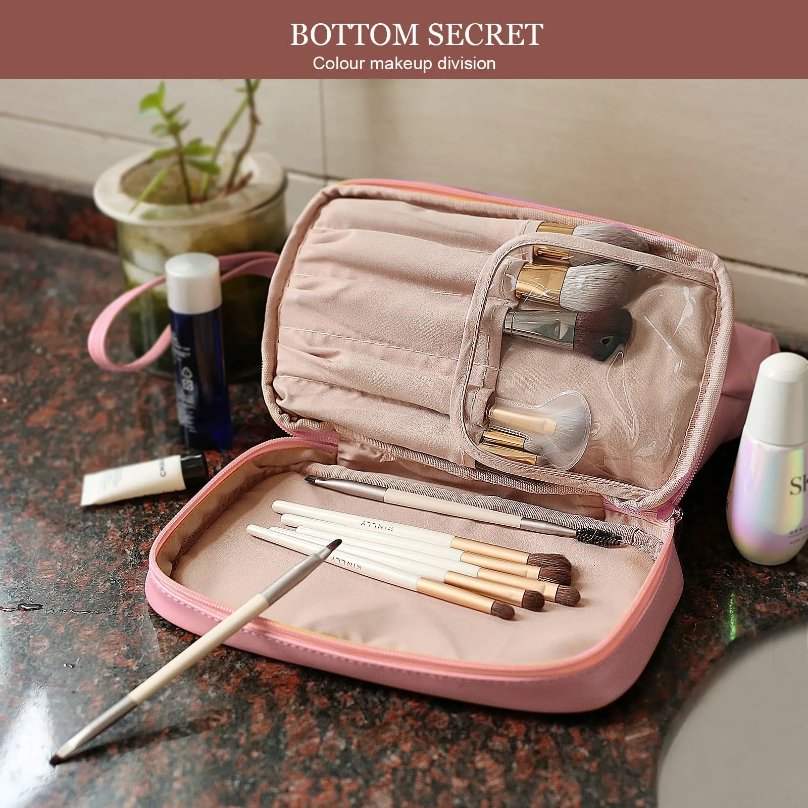 Abiudeng Large Makeup Bag for Women,Travel Makeup Organizer with Brush Holder, Dopp Kit Essentials,Waterproof PU Cosmetic Bag for Traveling,Multi Compartment, Cute,Spacious Capacity-pink