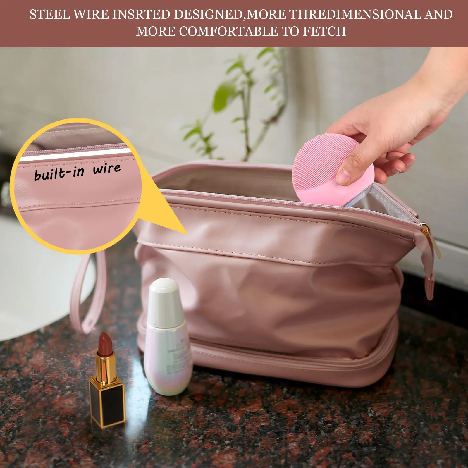 Abiudeng Large Makeup Bag for Women,Travel Makeup Organizer with Brush Holder, Dopp Kit Essentials,Waterproof PU Cosmetic Bag for Traveling,Multi Compartment, Cute,Spacious Capacity-pink