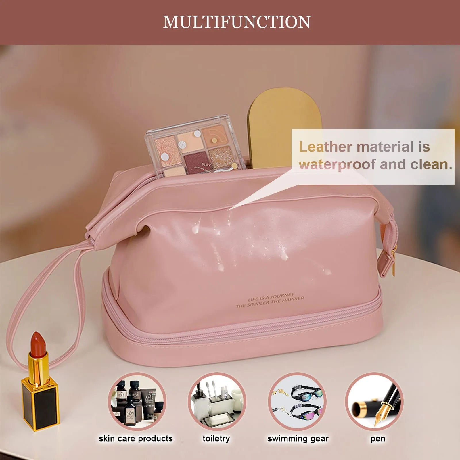 Abiudeng Large Makeup Bag for Women,Travel Makeup Organizer with Brush Holder, Dopp Kit Essentials,Waterproof PU Cosmetic Bag for Traveling,Multi Compartment, Cute,Spacious Capacity-pink