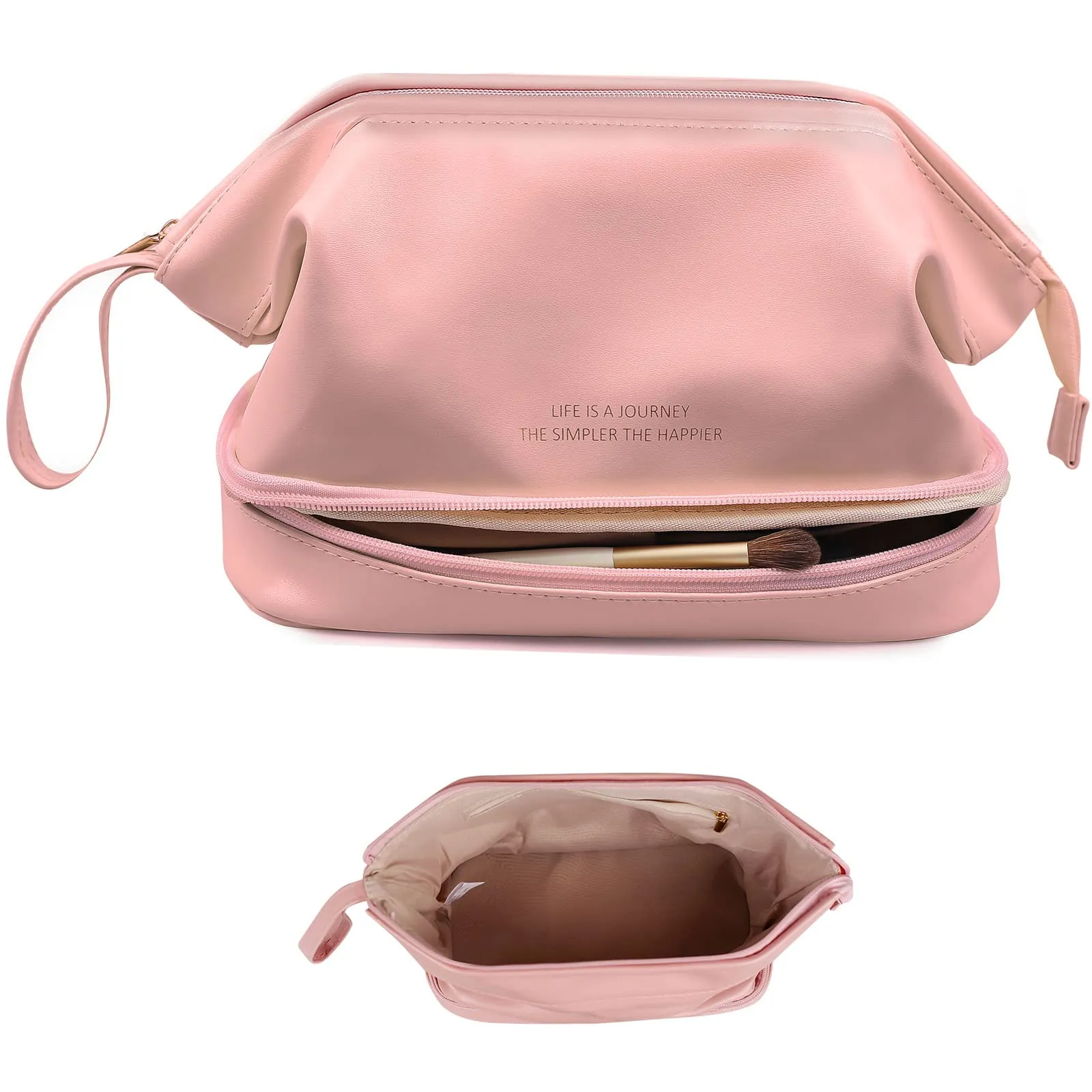 Abiudeng Large Makeup Bag for Women,Travel Makeup Organizer with Brush Holder, Dopp Kit Essentials,Waterproof PU Cosmetic Bag for Traveling,Multi Compartment, Cute,Spacious Capacity-pink