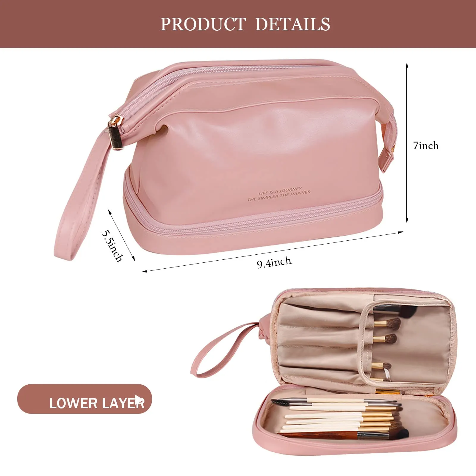 Abiudeng Large Makeup Bag for Women,Travel Makeup Organizer with Brush Holder, Dopp Kit Essentials,Waterproof PU Cosmetic Bag for Traveling,Multi Compartment, Cute,Spacious Capacity-pink