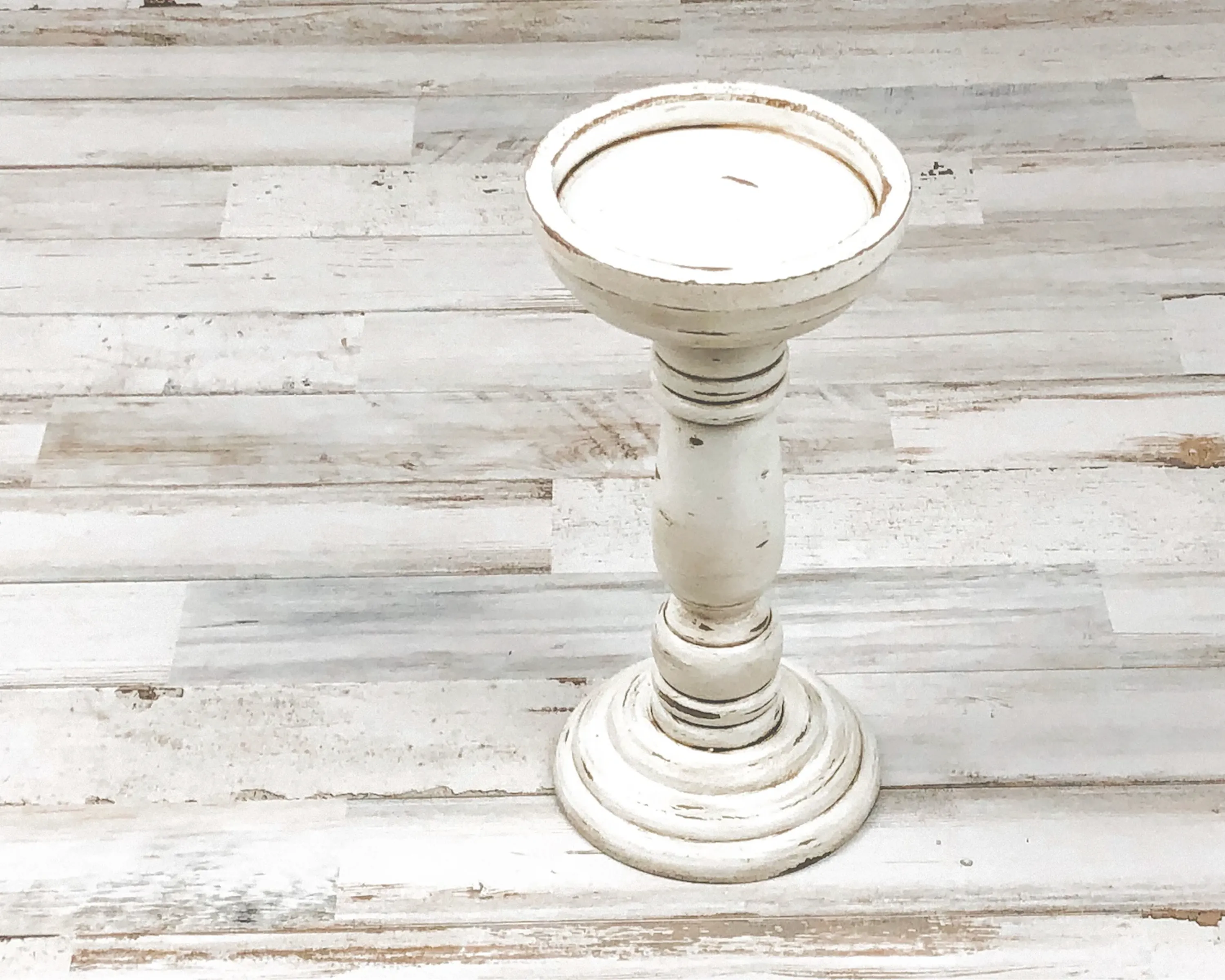 Antique white & brown wood pillar candle holder