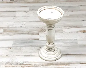 Antique white & brown wood pillar candle holder