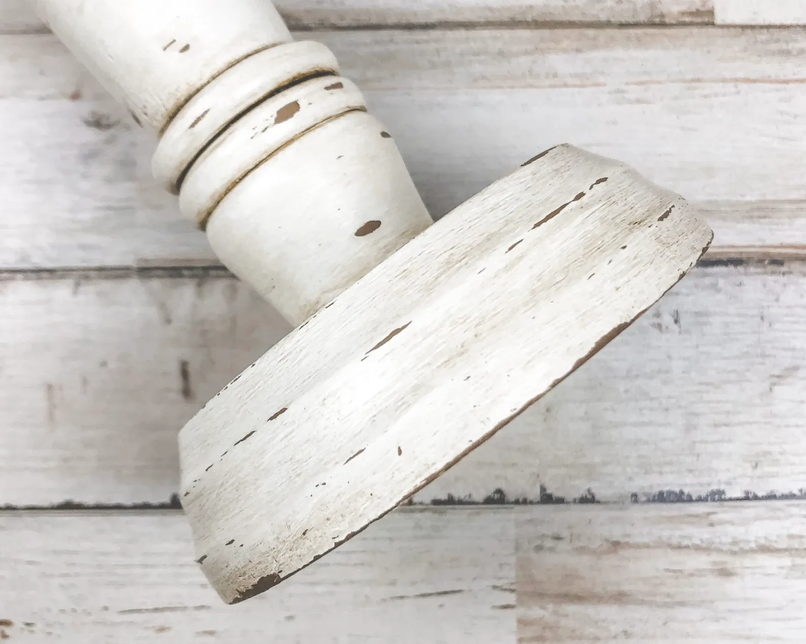 Antique white & brown wood pillar candle holder