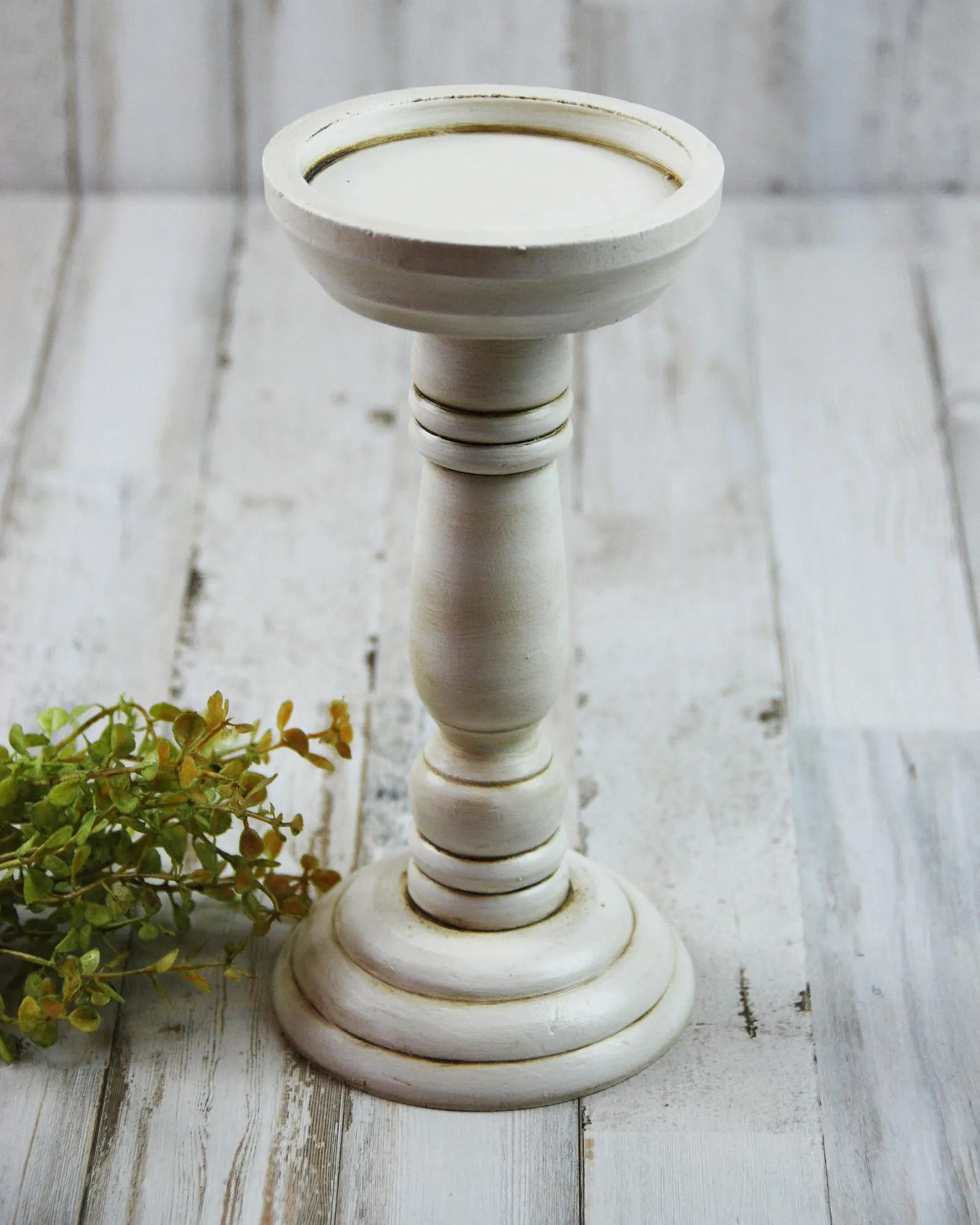 Antique white painted pillar candle holder