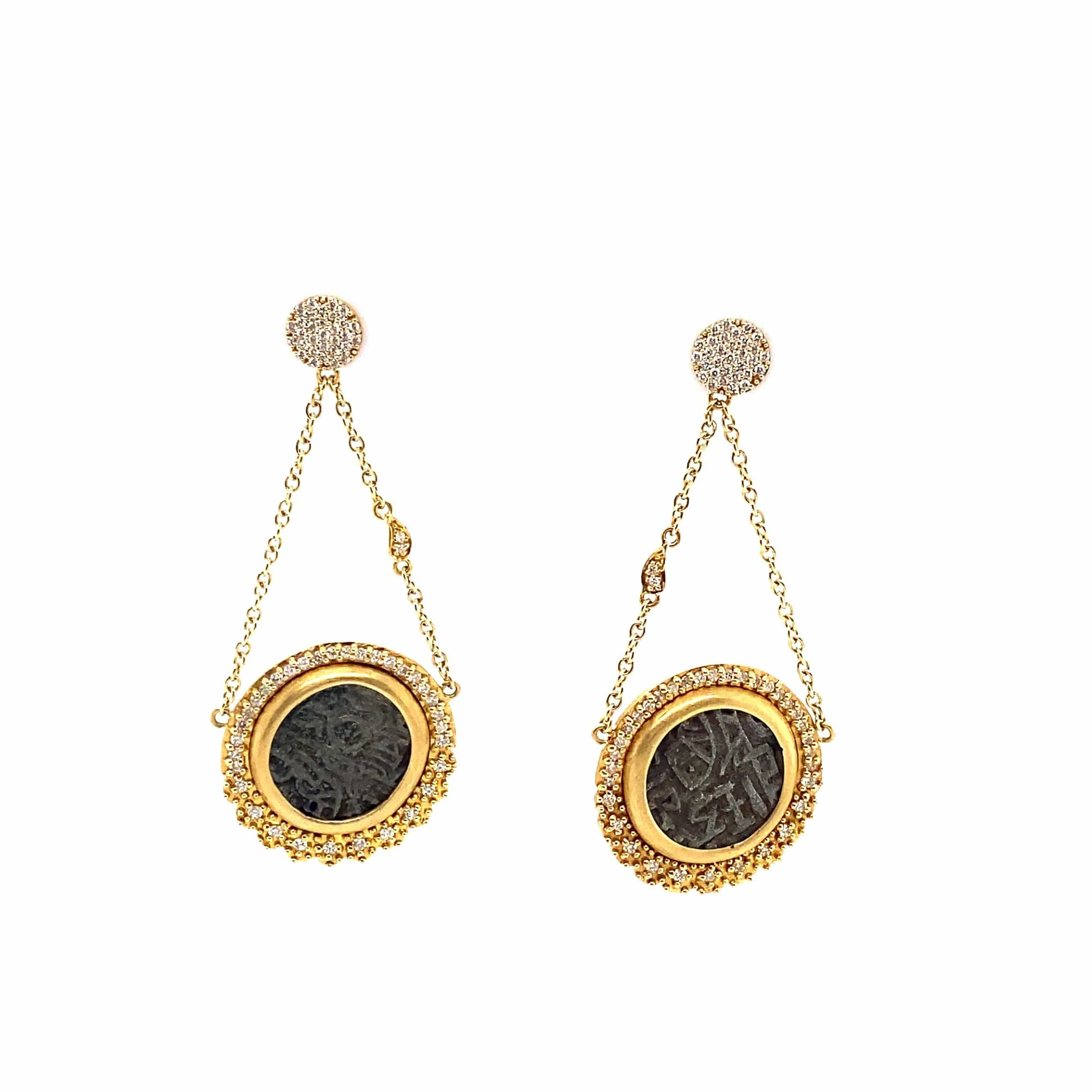 Antiquity Kushan Coin Dangle Drop Earrings with Brilliant-Cut Diamonds
