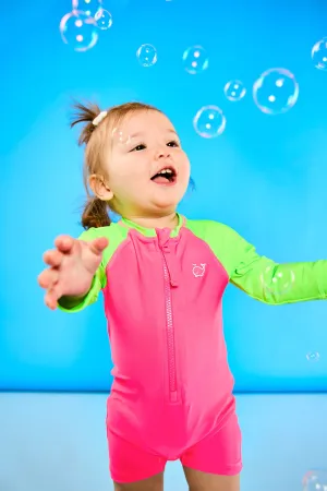 Baby/Toddler Long Sleeve One Piece Swimsuit UPF 50  | Neon Pink and Green