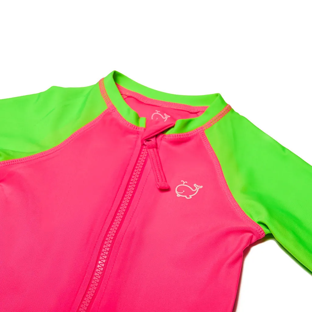 Baby/Toddler Long Sleeve One Piece Swimsuit UPF 50  | Neon Pink and Green