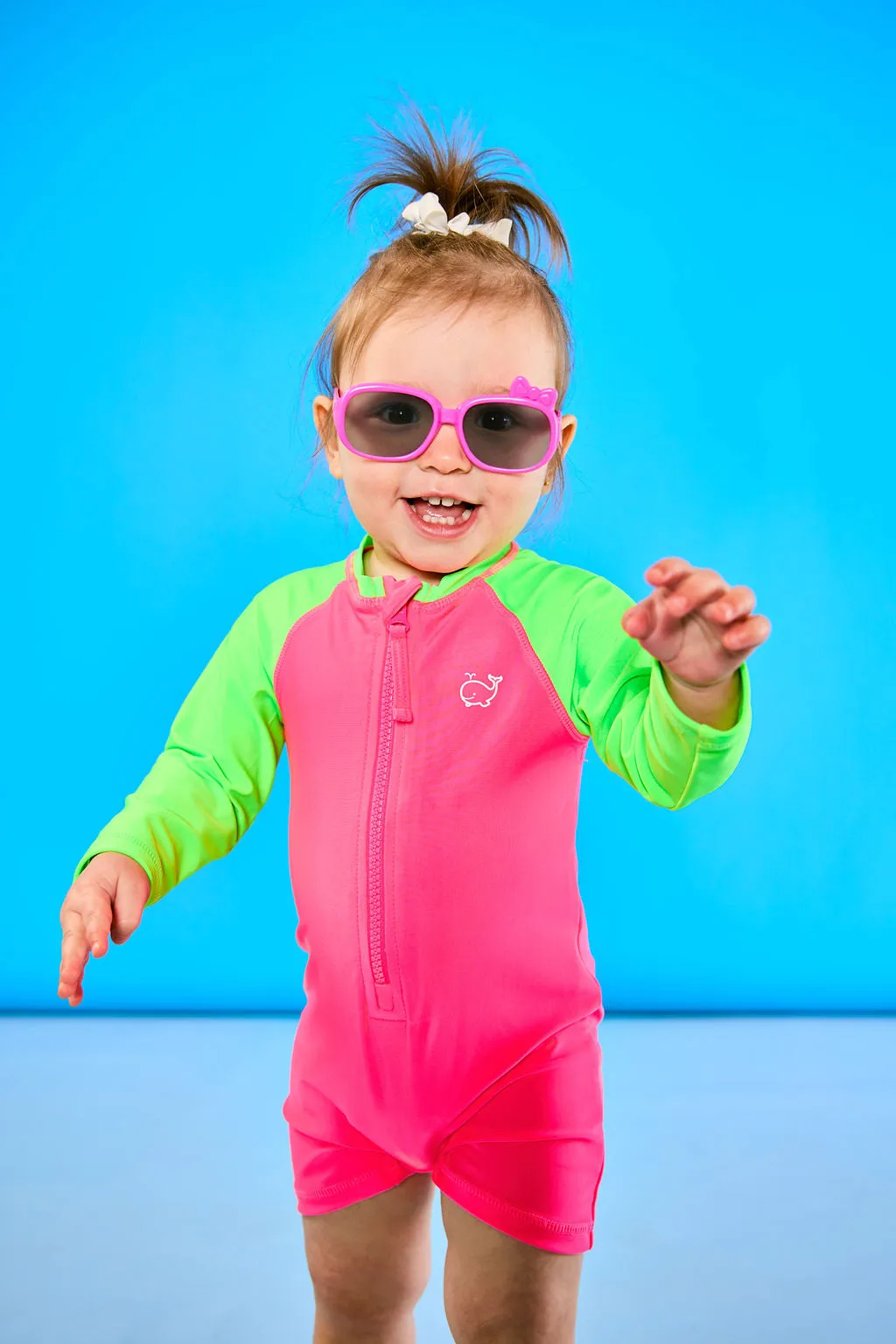 Baby/Toddler Long Sleeve One Piece Swimsuit UPF 50  | Neon Pink and Green