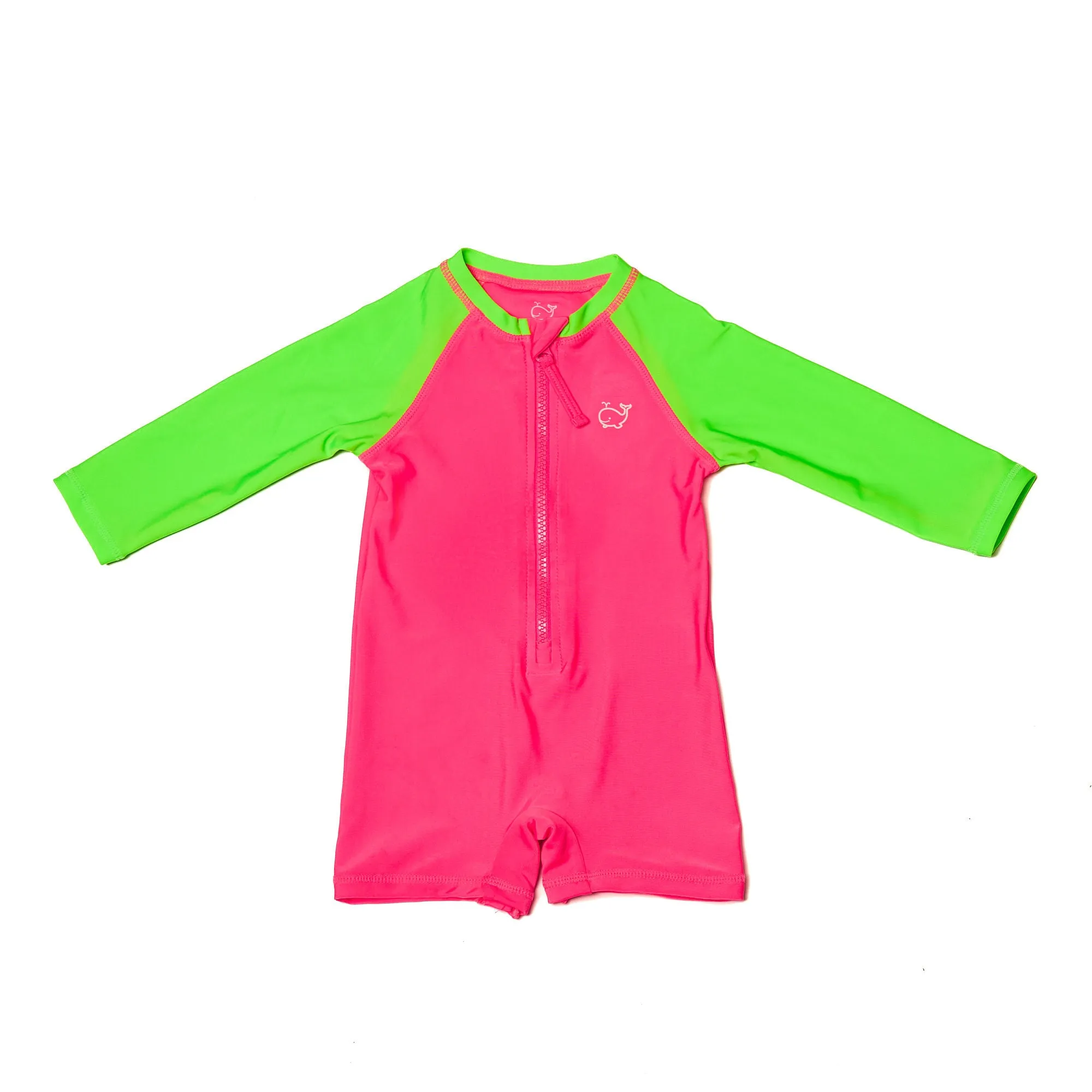 Baby/Toddler Long Sleeve One Piece Swimsuit UPF 50  | Neon Pink and Green
