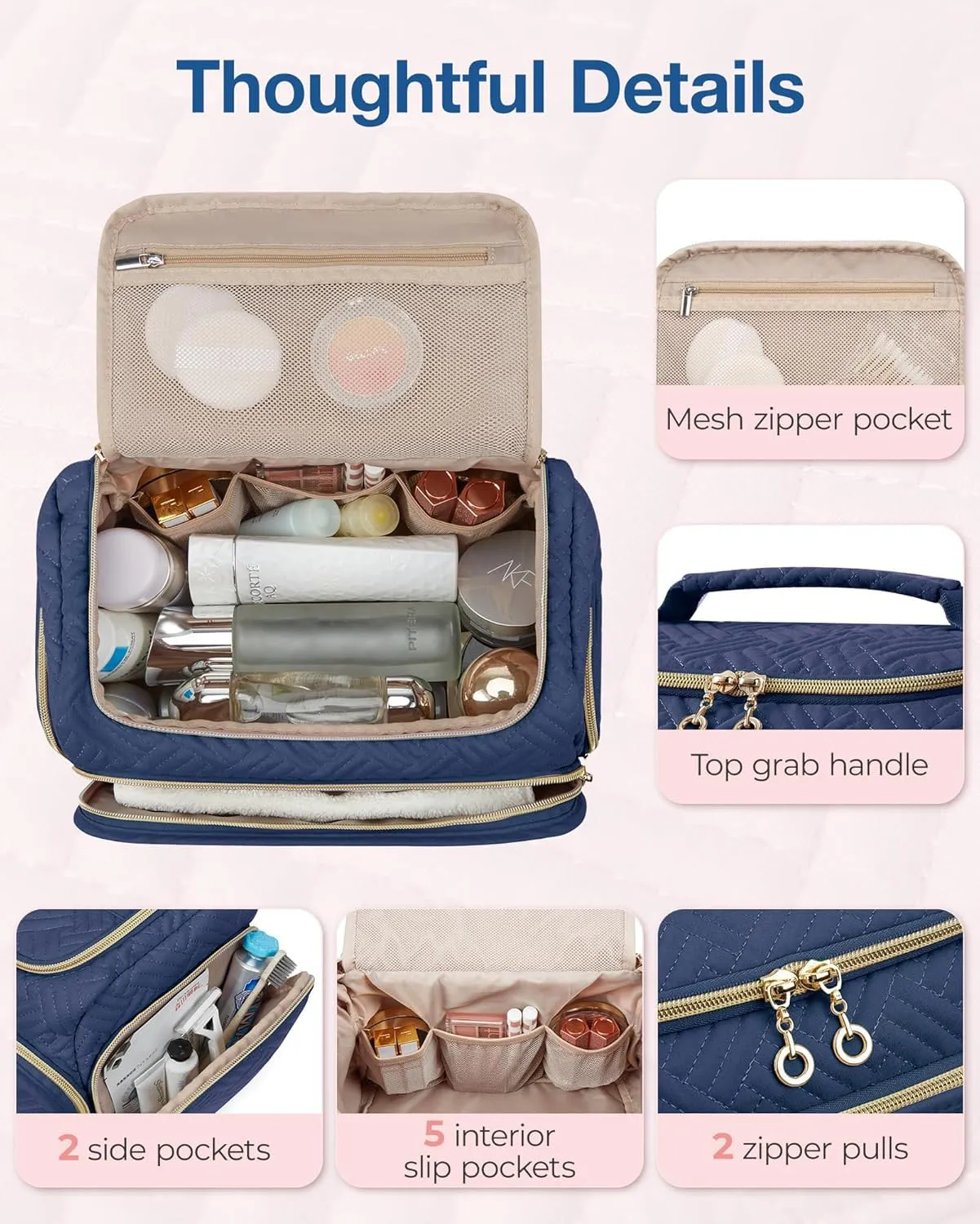 BAGSMART Travel Toiletry Bag, Large Wide-open Travel Bag for Toiletries, Makeup Cosmetic Travel Bag with Handle, Navy-Large