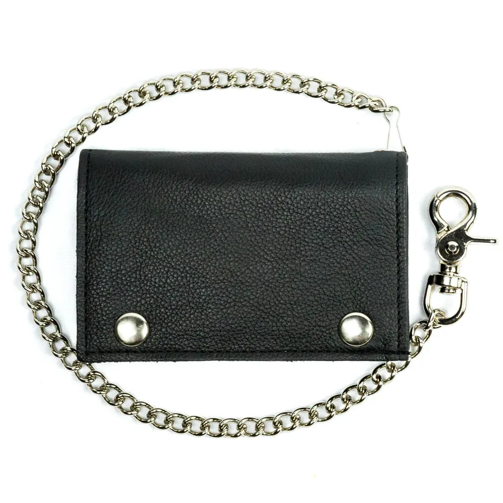 Black soft leather XL tri-fold wallet w/ detachable chain