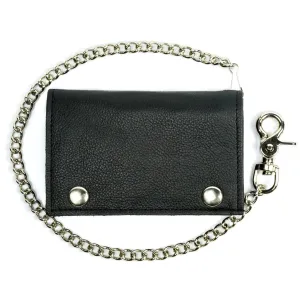 Black soft leather XL tri-fold wallet w/ detachable chain