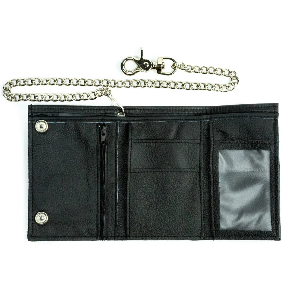 Black soft leather XL tri-fold wallet w/ detachable chain