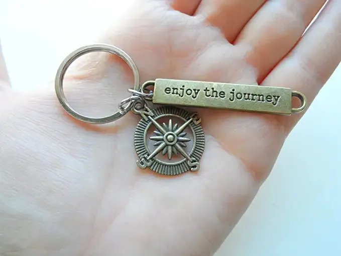 Bronze Enjoy the Journey Compass Charm Keychain with Graduate Scroll Charm - Graduation Keychain, Encouragement Keychain