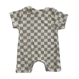 Brown Checkered Ribbed Shortie Romper