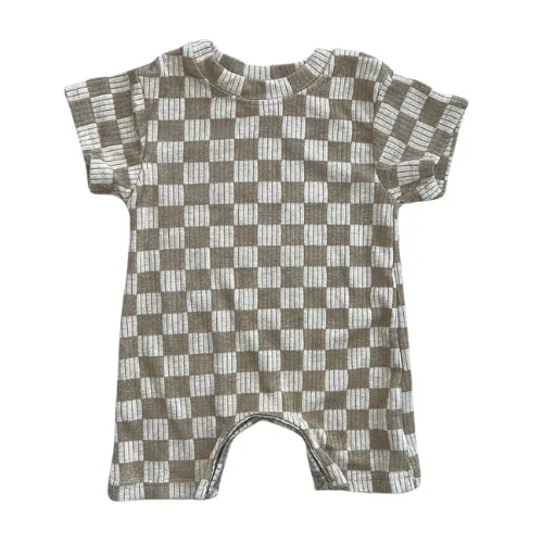 Brown Checkered Ribbed Shortie Romper