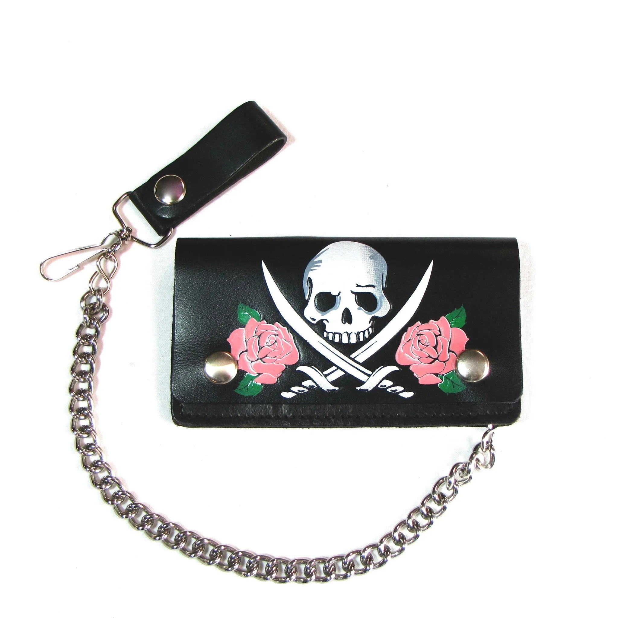BW402CC-217  6" Biker Wallet- Jolly Roger w/ Roses